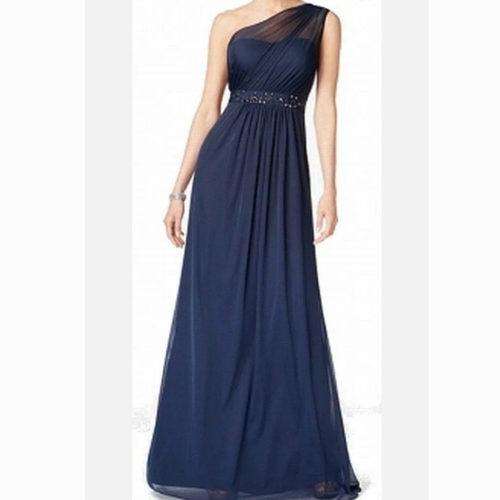 Adrianna Papell Midnight Blue One Shoulder‎ Floor Length Gown